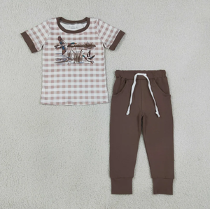 Ensemble pyjama imprimé canard mallard pour garçons, haut à manches courtes en vichy bleu, pantalon long à cordon de serrage, tenue 2 pièces pour enfants - Product Image 2