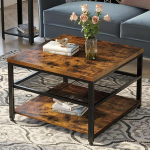 Table basse carrée industrielle en bois avec 2 étagères de rangement, plateau en bois grainé et structure en métal noir - Product Image 3