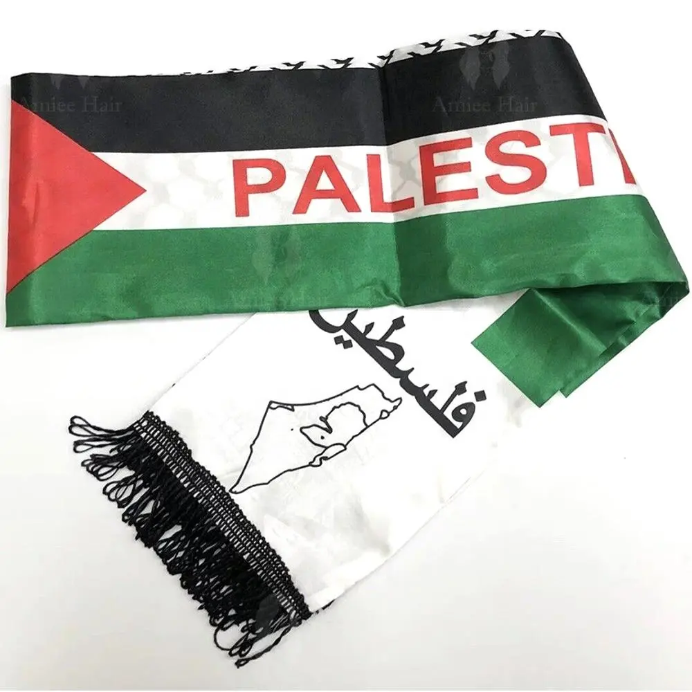 Cheap 14x135cm Palestinian Prayer Ethnic Scarves Shawls Custom Logo Silk Satin Scarf Flag Products Football Fans Palestine Scarf