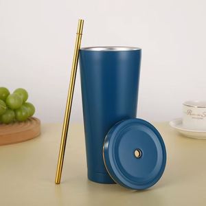 Vaso Térmico de Acero Inoxidable de Doble Pared con Borde Dorado, 500ml/750ml, para Regalos Empresariales, con Tapa y Popote - Product Image 3