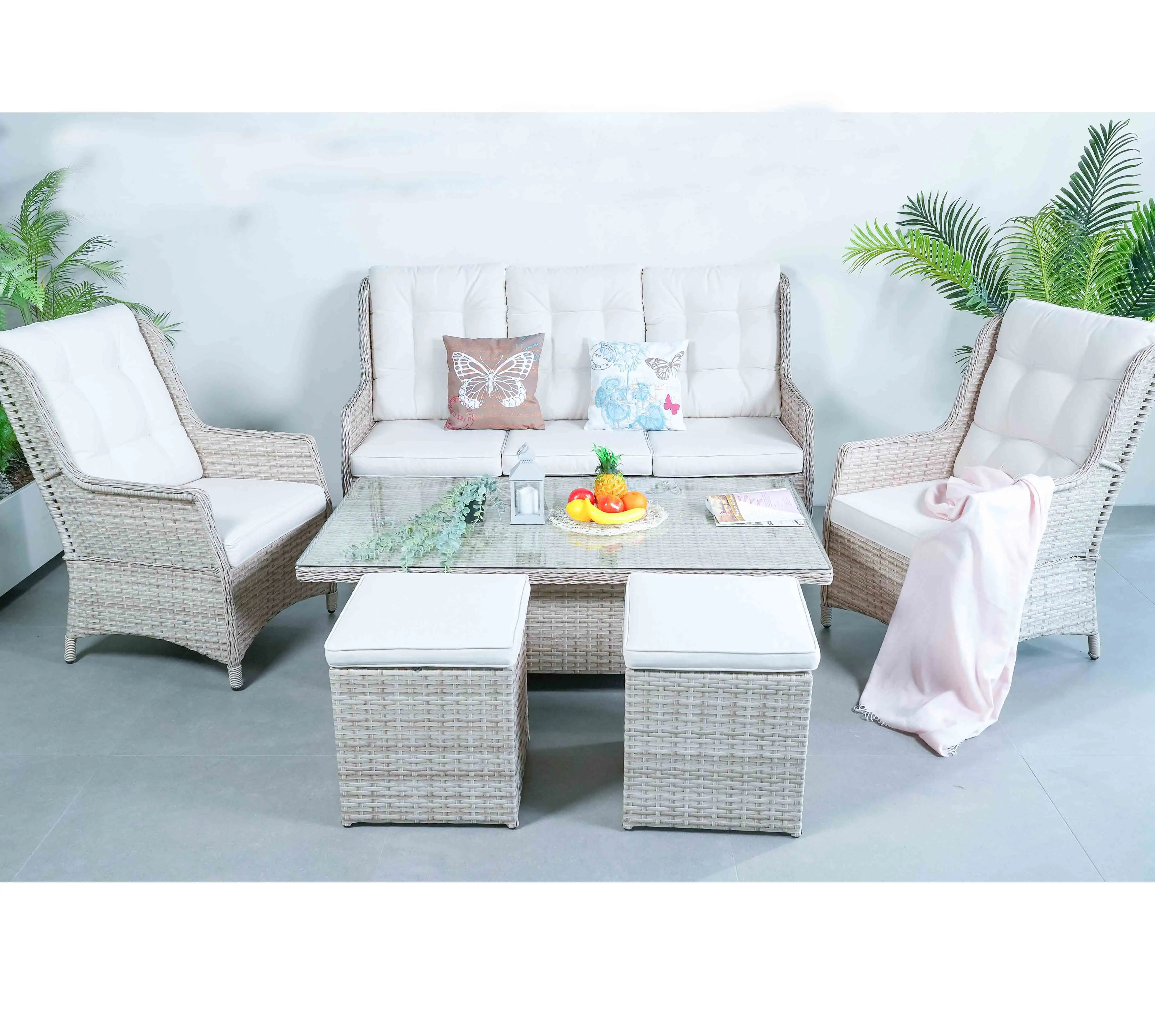 Balkon/Garten Rattan sofa Außen balkon Set Lounge Sofa Set Tisch höhen verstellbarer Garten Anti-Feuer Rattan Gartenmöbel