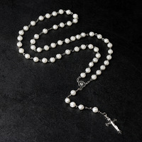 Collier chapelet blanc en forme de rose avec croix, perles de 8 mm et aiguille à neuf pointes