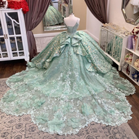 Robes de Quinceañera Mumuleo vert sauge scintillantes sexy à bretelles spaghetti avec appliques en cristal, robe de bal à paillettes, robes de 15 ans