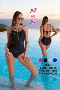 ชุดว่ายน้ำวันพีซผู้หญิง M420 คอวี แขนกุด แห้งเร็ว ผ้ายืดสแปนเด็กซ์ โพลีเอสเตอร์ UPF50+ ปิดซิป สีพื้น - Product Image 3