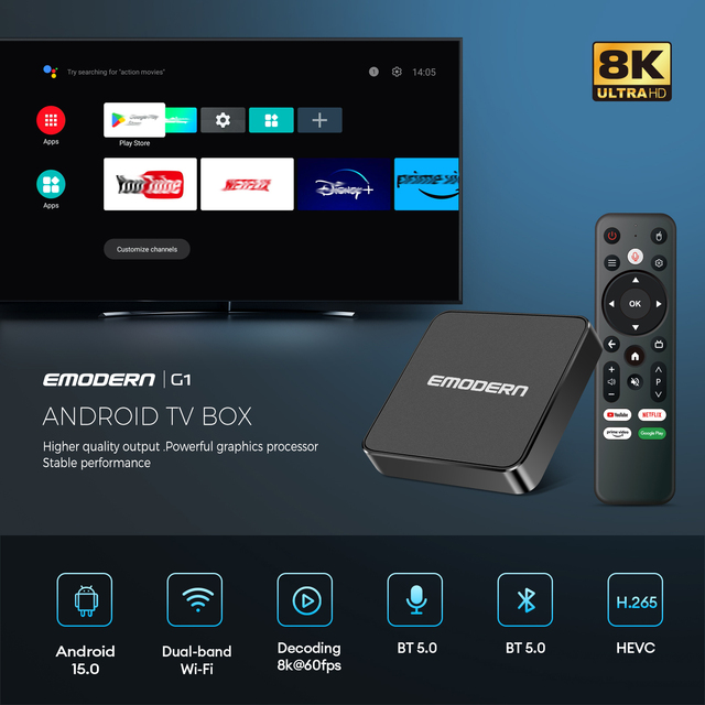 G1 Android Smart TV Box Amlogic S905L Quad 4K 2.4G/5G WiFi Android BT Voice Remotes,Android15.0 Smart Set Top Box