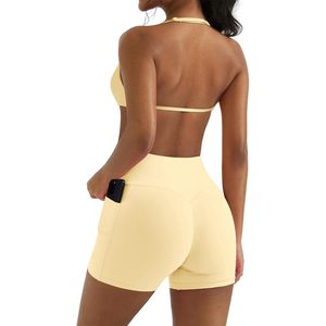 FOXA 2 Piece Yoga Set High Waist <b>Open</b> Back Sports <b>Bra</b> Matching Shorts With Pockets For Women Workout Gym Outfit - Product Image 1