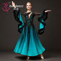 Robe de danse de compétition de valse lyrique en mousseline de soie noire pour femme, modèle B-26114-2 Yundance Custom, motif paon.
