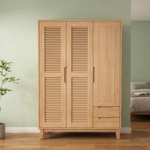Modern Wooden <b>Wardrobe</b> With Shutter Doors Hinged Freestanding Bedroom Storage Cabinet Scandinavian Design 2 Drawers - Product Image 3