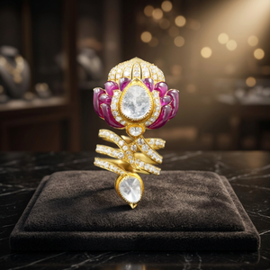 Impresionante anillo de doble dedo con diamantes Polki en forma de loto, en oro de 14K, diseñado para eventos de lujo, anillo de fiesta con engaste Talaf. - Product Image 3
