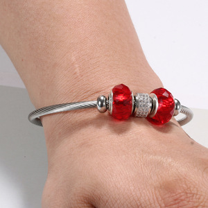Diamond <b>Bracelet</b> For Women 14Mm Stainless Steel Cable With Blue Crystal <b>Beads</b> And Diamond Encrusted Center <b>Charm</b> Everyday Wear - Product Image 2