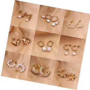 Conjunto de joias de luxo para mulheres, brincos de pérola em aço inoxidável banhados a ouro 18K, joia pendurada da moda, com alças e brincos de aço inoxidável