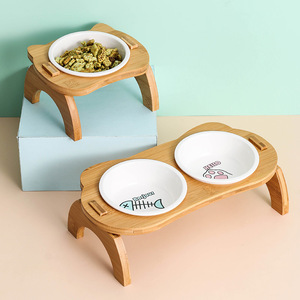 Wooden Pet Bowl Double Elevated Feeder For Cat With Slanted Rim And Tall Stand Rounded Shape LC-46 - Product Image 1