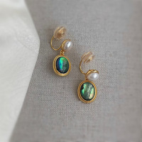 Boucles d'oreilles à clip en cuivre doré avec perle naturelle de coquille d'ormeau, non percées, style serpentin anti-moustiques
