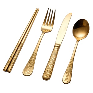 Ensemble de couverts de luxe en acier inoxydable découpés sur mesure par CNC, couteau à steak, cuillère, fourchette, style Palais Doré, pour mariage et camping - Product Image 1