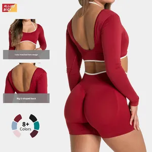 Haut de yoga deux pièces sans couture pour femmes haut de <span class=keywords><strong>sport</strong></span> à manches longues respirant ensemble de yoga grande taille - Product Image 1
