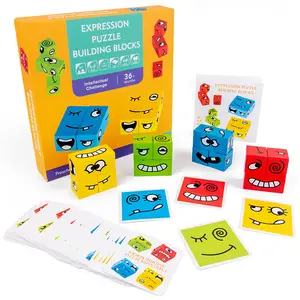 Funny Expression Puzzle Colorful Wooden Building Blocks Kids Intelligent Table Game