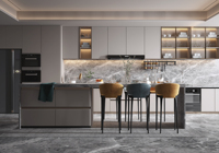 Lesso Home Panneau de porte gris-bleu, surface en bois laqué, comptoir en quartz artificiel, évier, robinet, modulaire