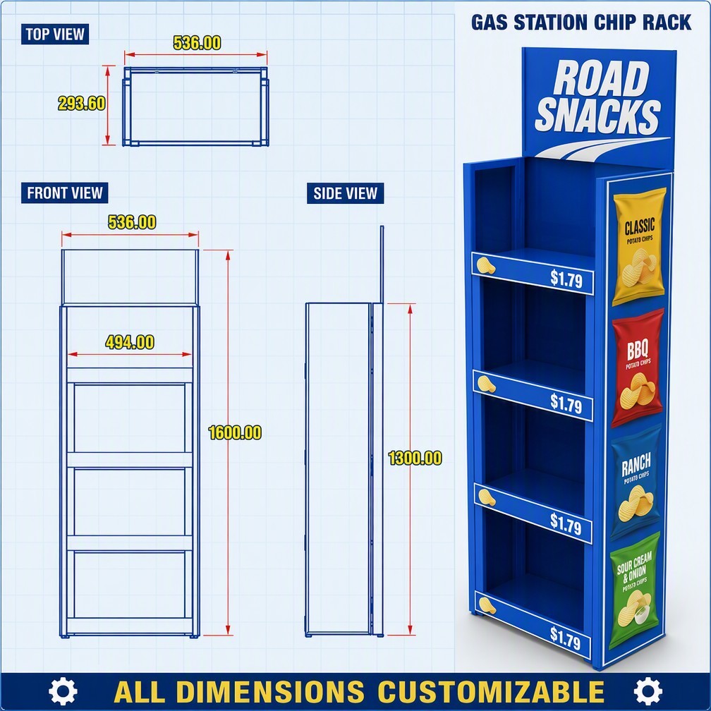 Apache Custom Chip Display Rack 4-Way 4-Tier Metal Snack Merchandiser Knock Down Rotating Stand for Gas Station OEM ODM — view 4