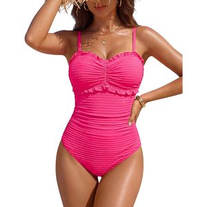 Maillot de bain une pièce femme effet ventre plat, bretelles texturées à volants, couvrance intégrale, push-up, en Spandex et Polyester - Product Image 1