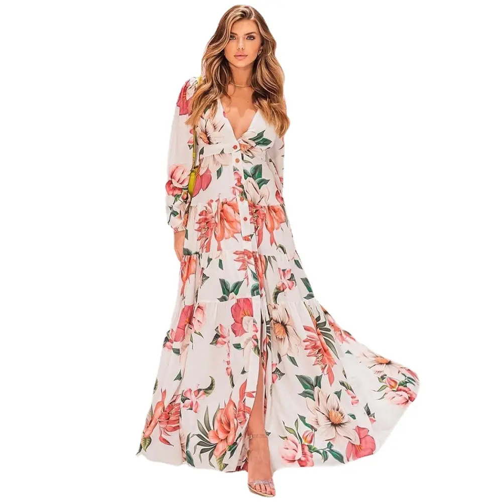 Spring and summer new v-neck long-sleeved printed floral dresses open dresses for women