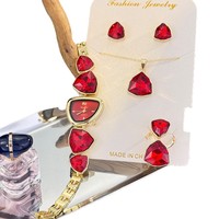 Ensemble quatre pièces coloré incrusté de diamants, montre, collier, bague, boucles d'oreilles, bracelet en acier inoxydable, alliage, verre Miyota