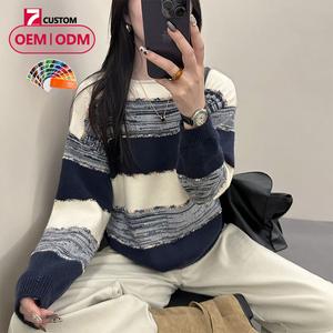 เสื้อสเวตเตอร์ฤดูหนาวสำหรับผู้หญิง สไตล์เกาหลี คอกลม ลายทาง แขนยาว ดีไซน์ถักอเนกประสงค์ พร้อมโลโก้ด้านหน้า - Product Image 1