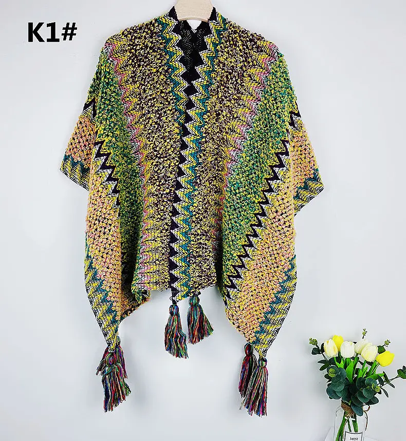새로운 디자인 가을 겨울 민족 스타일 아크릴 Shawls 두꺼운 따뜻한 술 판초 스웨터 스트라이프 니트 스카프