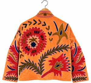 Elegant Orange <b>Velvet</b> Embroidered Solid Cotton Lining Bomber <b>Jacket</b> <b>Women</b> Handmade Ethnic Boho V-neck Long Sleeve Designer - Product Image 3
