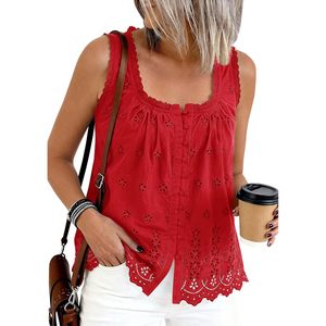 Womens Tank Tops <b>Red</b> Embroidered Eyelet Button Down Summer Casual <b>Blouse</b> Breathable Cotton Top Beach Vacation Clothes - Product Image 1