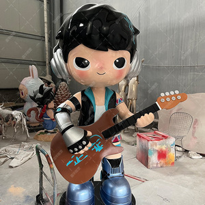 Escultura de Niño de Dibujos Animados en Fibra de Vidrio, Figura Decorativa para Exteriores con Soporte para Suelo, Estatua de Juguete Musical con Guitarra - Product Image 1
