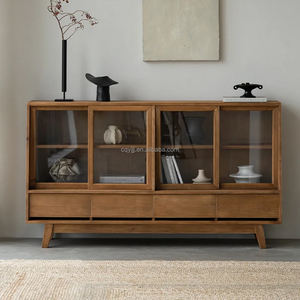 Handmade Retro Custom <b>Solid</b> <b>Wood</b> Double Door <b>Bookcase</b> Display Cabinet 4 Storage Drawers Minimalist Living Room Hotel Furniture - Product Image 5