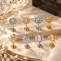 Anting-anting titanium G23 16G bentuk bunga, bertabur CZ, untuk tindik bibir, tulang rawan, helix, conch, perhiasan tindik tubuh wanita.