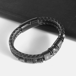 Men's Double Layer Woven <b>Leather</b> <b>Bracelet</b> Black Stainless Steel Cross Design 7.5 8.5 9 Inches Gift Jewelry - Product Image 1