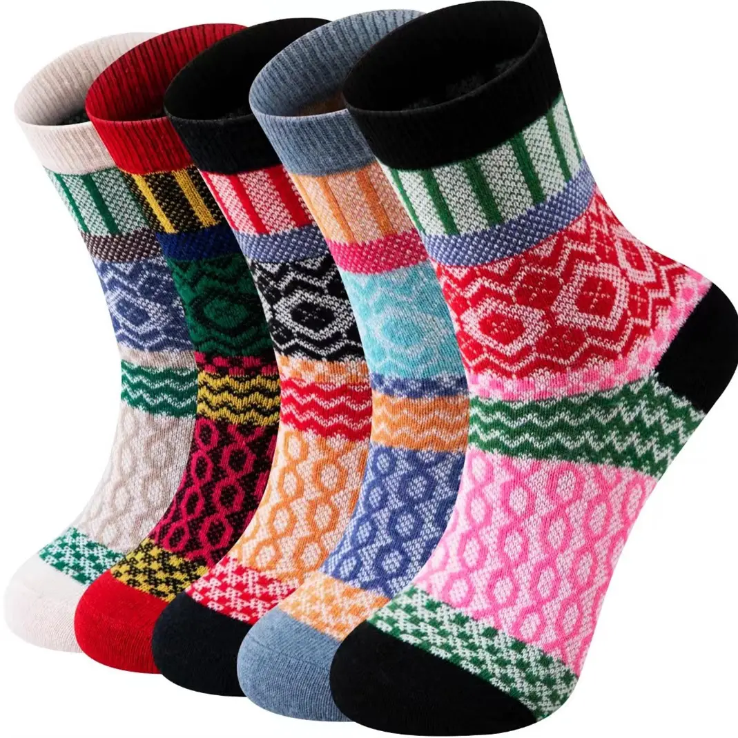 Wholesale price Low MOQ 5 pairs wool blended striped crew warm thick socks women lady student one size fits all