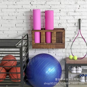 Cross-border <b>wall</b>-<b>mounted</b> floor storage wooden <b>shelf</b>, retro dark brown wood, gym workout yoga mat holder - Product Image 4