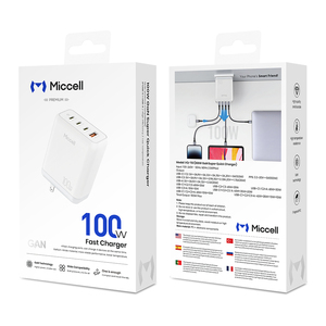 Chargeur de téléphone portable Miccell de haute qualité 100W GaN, chargeur portable plus rapide avec 3 ports Type C et 1 port USB pour la charge rapide des smartphones - Product Image 1