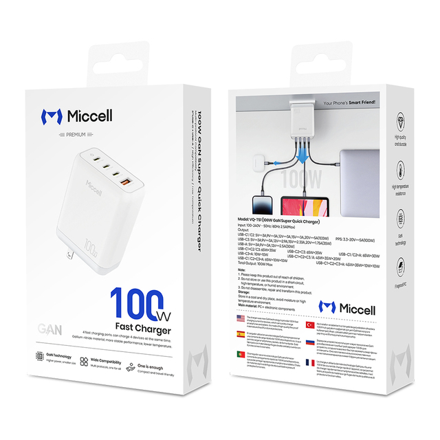 Miccell Wholesale High-end 100W GaN Phone Charger Portable Faster Charger with 3 Type c 1 Usb Fast Charging Pots for Smart Phone