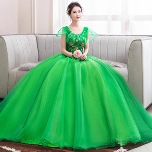 Emerald Green Evening Gown Scoop Neck Floral Print Tulle Dress For Wedding Banquet Performance Women - Product Image 3