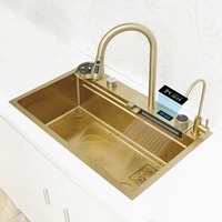 Évier de cuisine cascade or 304 acier inoxydable Nano fait à la main multifonctionnel au-dessus du comptoir éviers de lavage avec robinet rétractable