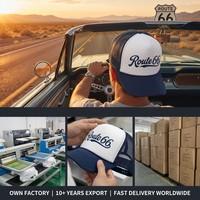 Fabricante Auditado por ISO9001 y BSCI, Exportación al por Mayor, Gorra Trucker Profesional de 5 Paneles con Logotipo Personalizado, Estilo Retro Route 66, Color Azul Marino y Blanco