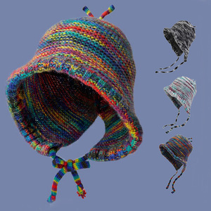 Chapeau seau en tricot pour femme, couleurs arc-en-ciel rayées, couvre-chef chaud en coton avec cordons à nouer pour une utilisation en extérieur - Product Image 1