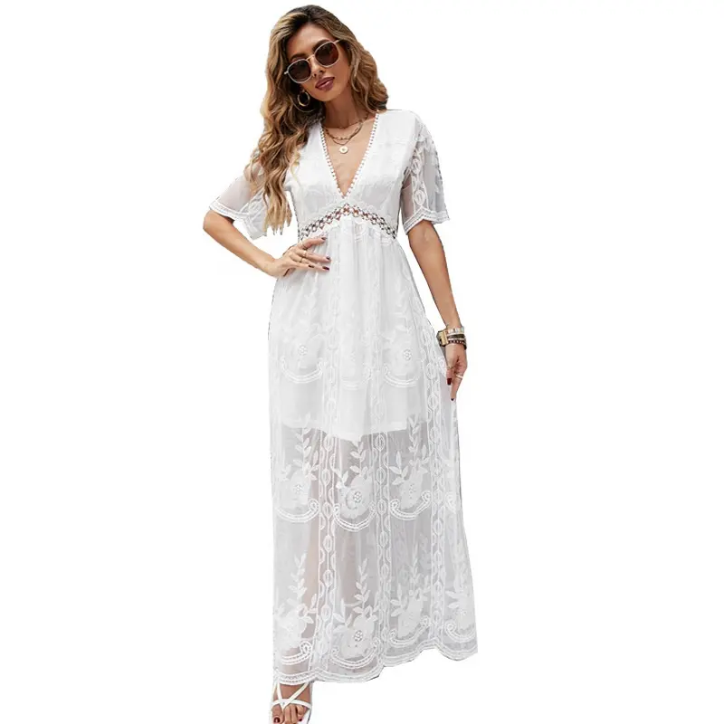 Women Summer Lace Crochet Long Dress Short Sleeve V-neck Dresses Robe Femme Bohemian Casual Loose Summer Dress