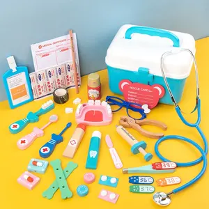 Educacional fingir kit de médico, madeira, crianças, jogar, casa, médico, brinquedo, conjunto, infusão, suporte, caixa médica portátil, brinquedo