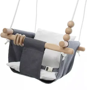 New Design Children Indoor Adjustable Wooden Gray And White Cotton Baby Swing