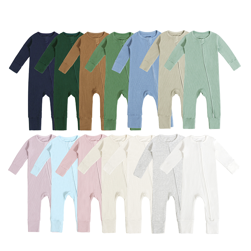 Combinaison brodée personnalisée pour enfants avec fermeture éclair, manches longues, col rond, couleur unie, barboteuse pour bébé en bambou tricoté gaufré