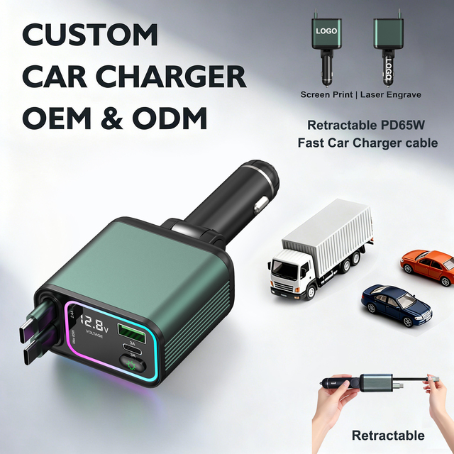 Retractable PD 65W Fast Car Charger Multi-Port USB Car Charger with Digital Voltage Display OEM Custom Logo Car Charger Adapter