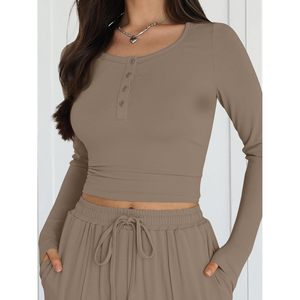 Women's 2 Piece Matching Lounge Set Full Sleeve Knitted Spandex Cotton Breathable Wide Leg Pants Top Daily Wear Outfit - Product Image 5