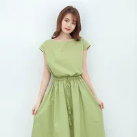 Robe décontractée pour femmes d'été, col rond, manches courtes, mi-longue, avec cordon de serrage, élégante, en coton et lin