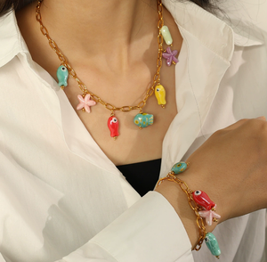 Nuovo braccialetto di smalto colorato collana di gioielli oceano in acciaio inox placcato in oro 18k collana pendente in ceramica di pesce - Product Image 5