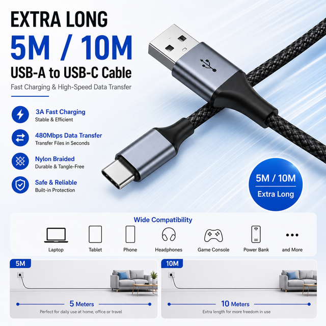 Premium 5m 10m USB C to USB a Cable Extra Long 16ft 33ft 3A Fast Charge Nylon Braided Data Sync Cord for Galaxy S22 S21 PS5